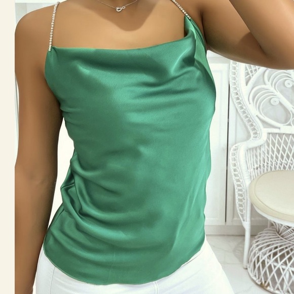 DO+BE Emerald Satin Camisole Rhinestone Spaghetti Strap Gorgeous Jewel Tone Cami - Picture 15 of 15